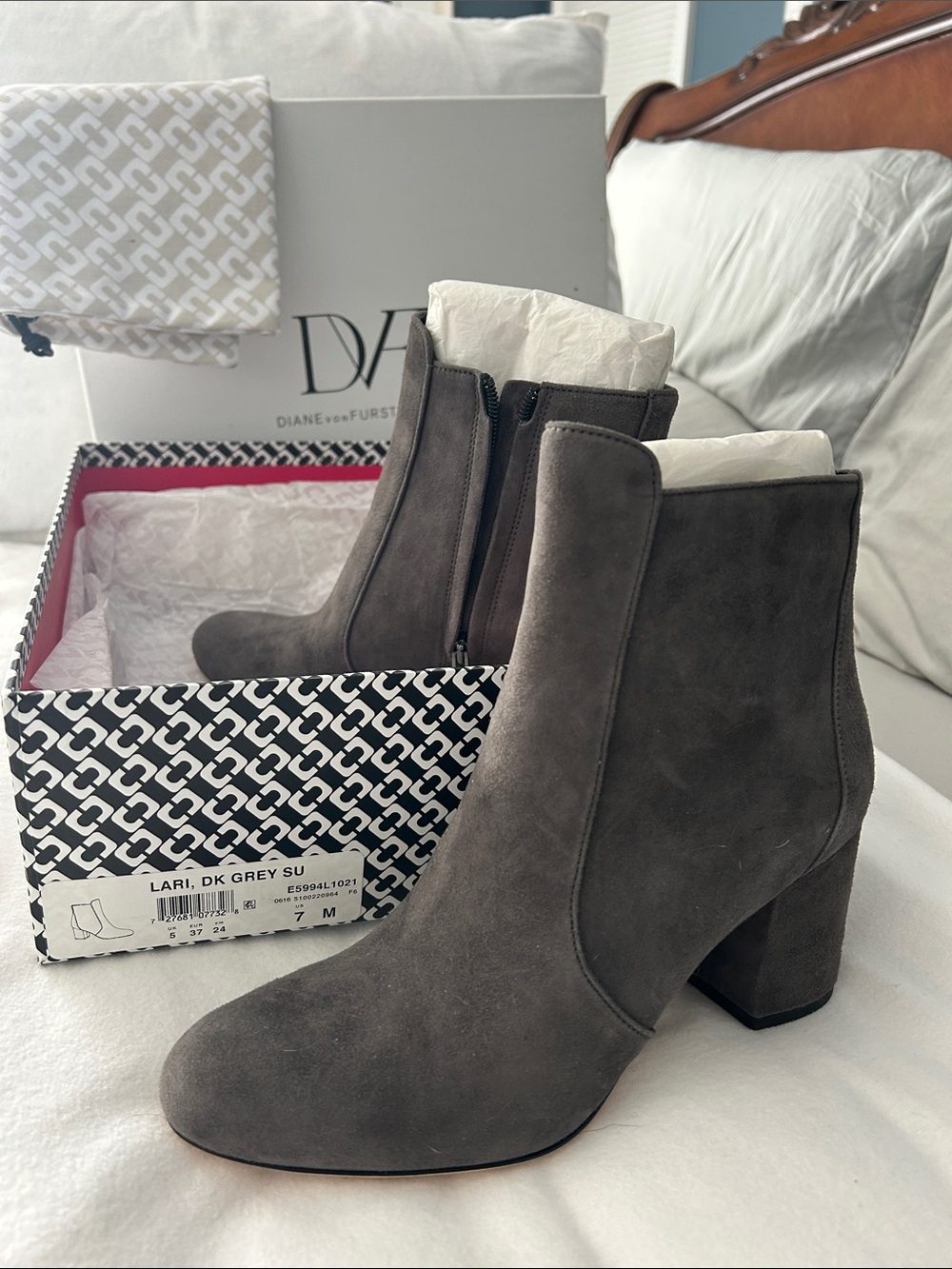 Diane Von Furstenberg Gray Suede Block Heel Ankle Boots